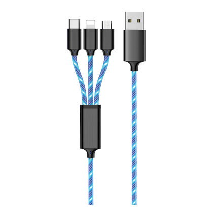 3 in 1 USB Ladekabel für Micro-USB, Lightning & USB Type-C mit blauer LED-Beleuchtung - 150 cm