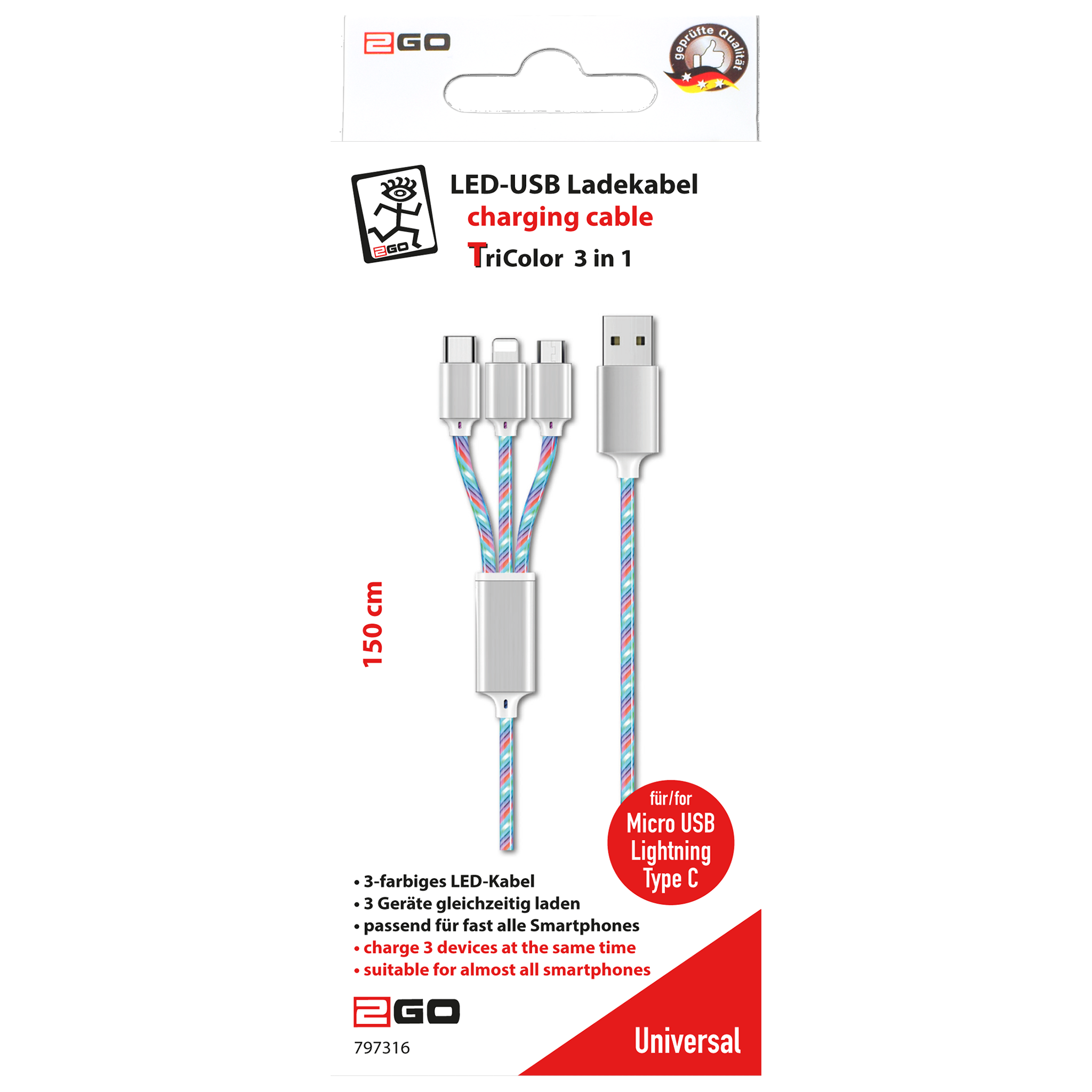 3 in 1 USB A Ladekabel für Micro-USB, Lightning & USB Type-C mit Multicolor-LED-Beleuchtung - 100 cm - Verpackung