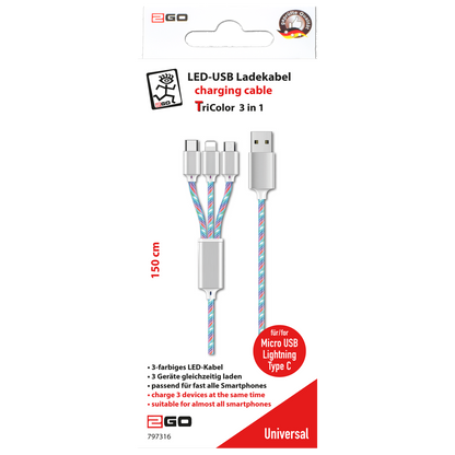 3 in 1 USB A Ladekabel für Micro-USB, Lightning & USB Type-C mit Multicolor-LED-Beleuchtung - 100 cm - Verpackung