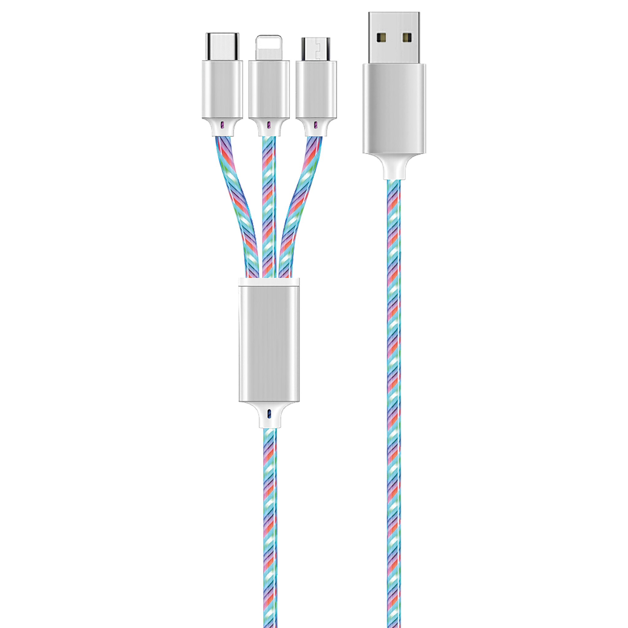 3 in 1 USB A Ladekabel für Micro-USB, Lightning & USB Type-C mit Multicolor-LED-Beleuchtung - 100 cm