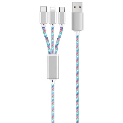 3 in 1 USB A Ladekabel für Micro-USB, Lightning & USB Type-C mit Multicolor-LED-Beleuchtung - 100 cm
