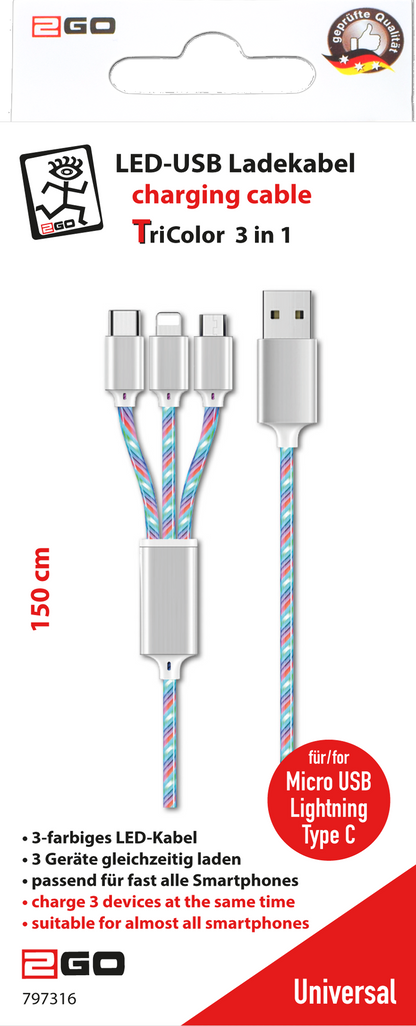 3 in 1 USB LED Kabel - USB A <-> Micro-USB / Apple 8-Pin (Lightning) / USB Type-C - 100 cm - multicolor