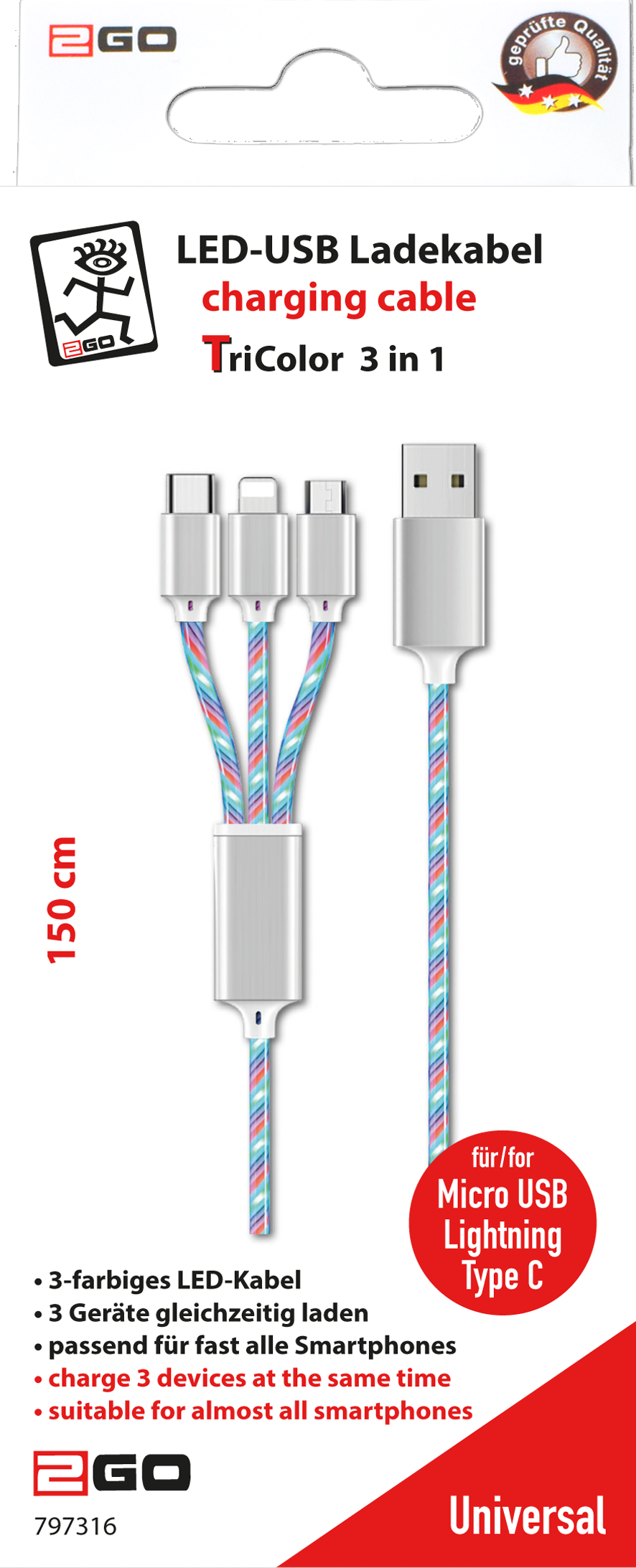 3 in 1 USB LED Kabel - USB A <-> Micro-USB / Apple 8-Pin (Lightning) / USB Type-C - 100 cm - multicolor