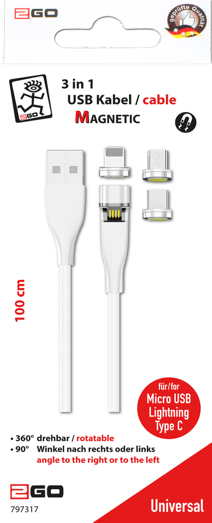 3 in 1 USB Ladekabel mit magnetischen Steckern - USB A <-> Micro-USB / Apple 8-Pin (Lightning) / USB Type-C - 100 cm - weiß