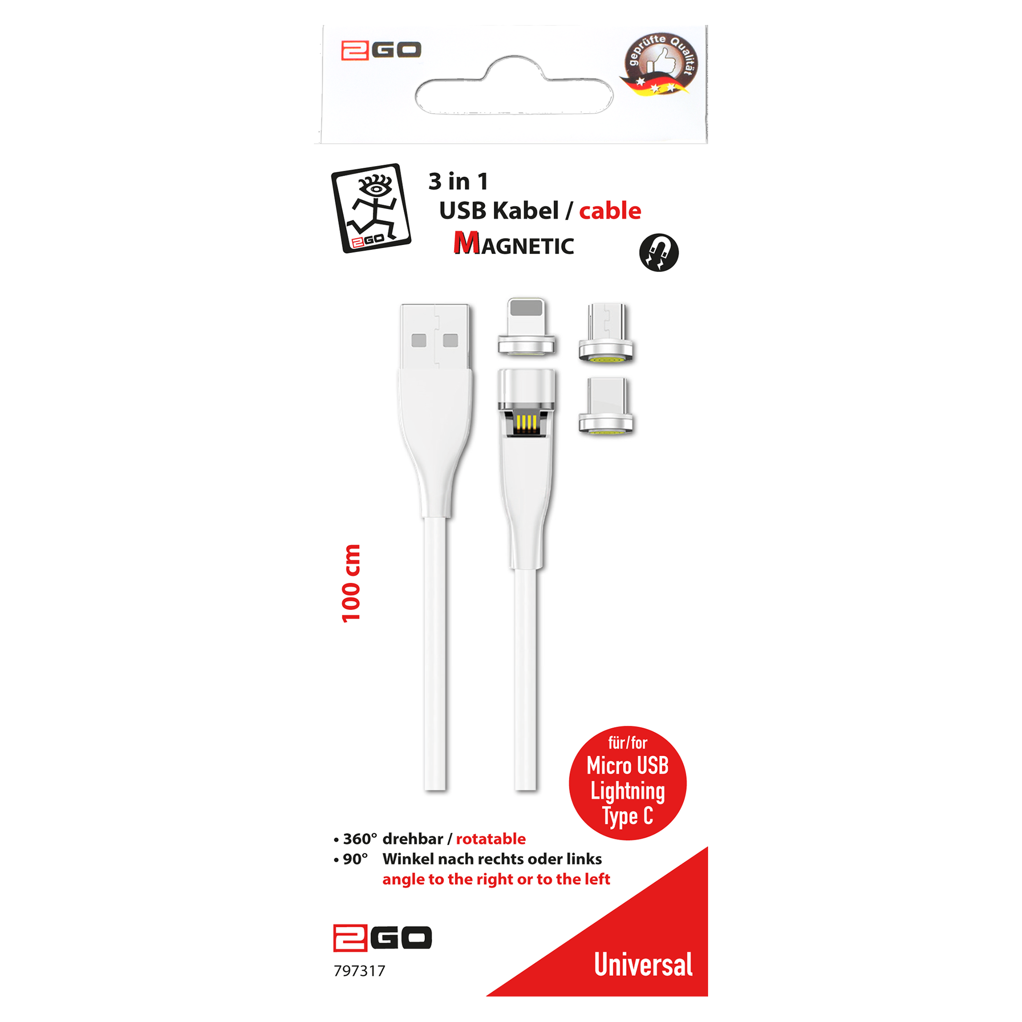 3 in 1 USB Kabel - Micro-USB - USB Type-C - Lightning - magnetisch - klappbar - neigbar - weiß - Verpackung