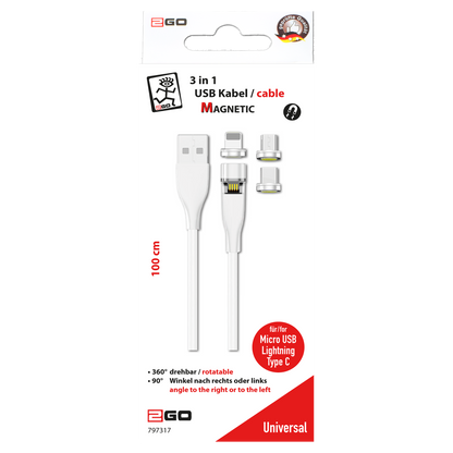3 in 1 USB Kabel - Micro-USB - USB Type-C - Lightning - magnetisch - klappbar - neigbar - weiß - Verpackung