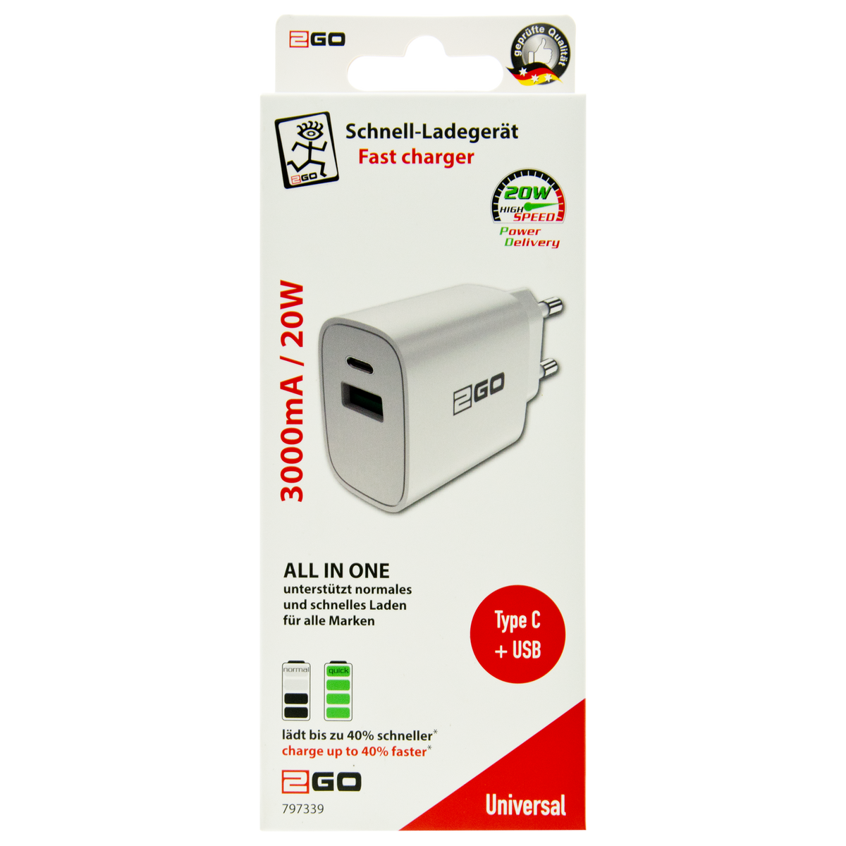 Netz-Ladegerät 100 V - 240 V - Power Delivery & FastCharge - 1 x USB A & 1 x USB Type-C - 20 W - 3000 mA - weiß