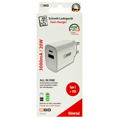 Netz-Ladegerät 100 V - 240 V - Power Delivery & FastCharge - 1 x USB A & 1 x USB Type-C - 20 W - 3000 mA - weiß