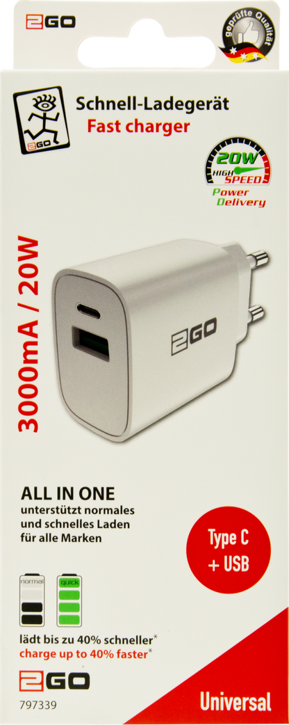 Netz-Ladegerät - Power Delivery & FastCharge - 1 x USB A & 1 x USB Type-C - 20 W - 3000 mA - schwarz