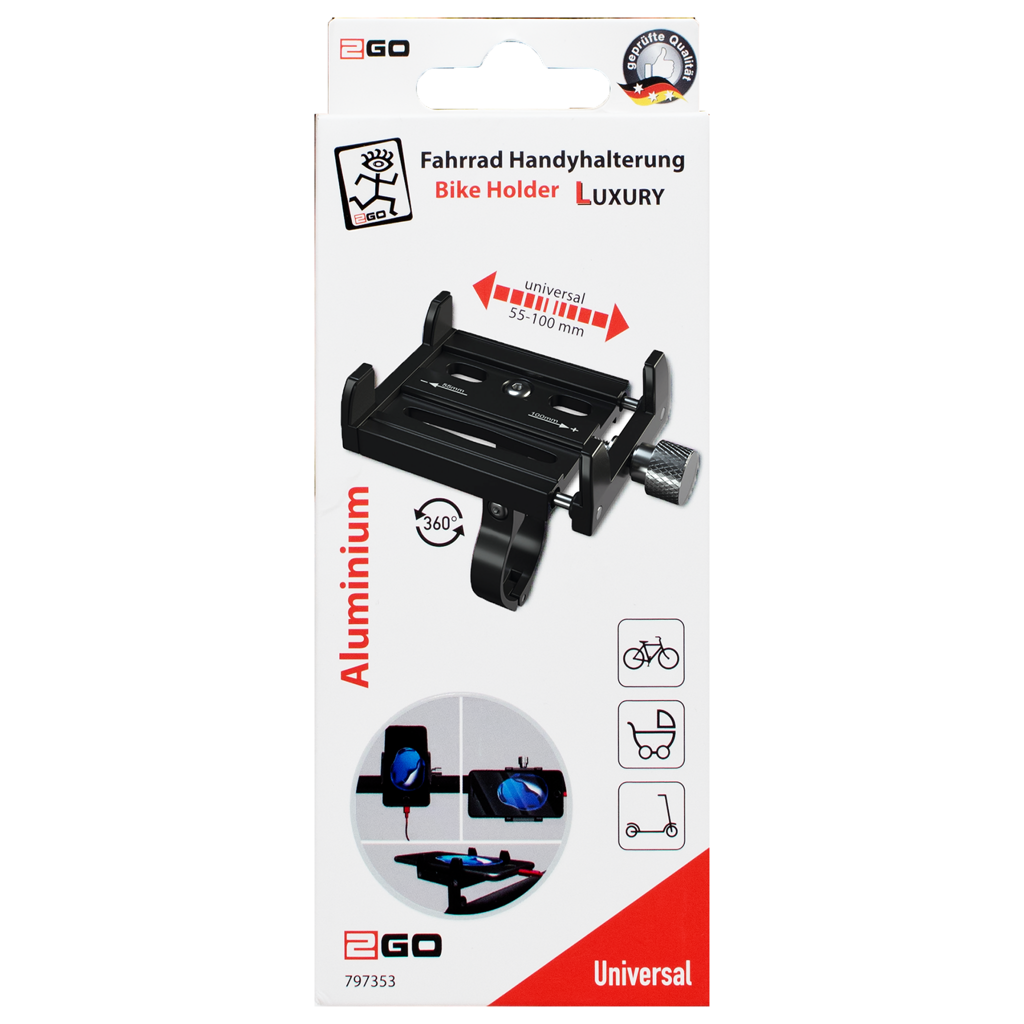 Halter "Luxury" - Aluminium - 55 mm bis 100 mm Breite - schwarz - Verpackung