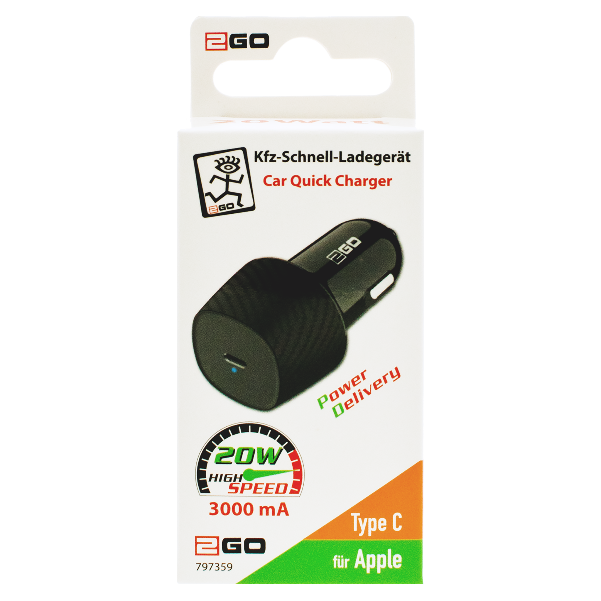 Kfz-Ladegerät - 12 V / 24 V - 1 x USB Type-C - 3000 mA - 20 W - schwarz - Verpackung