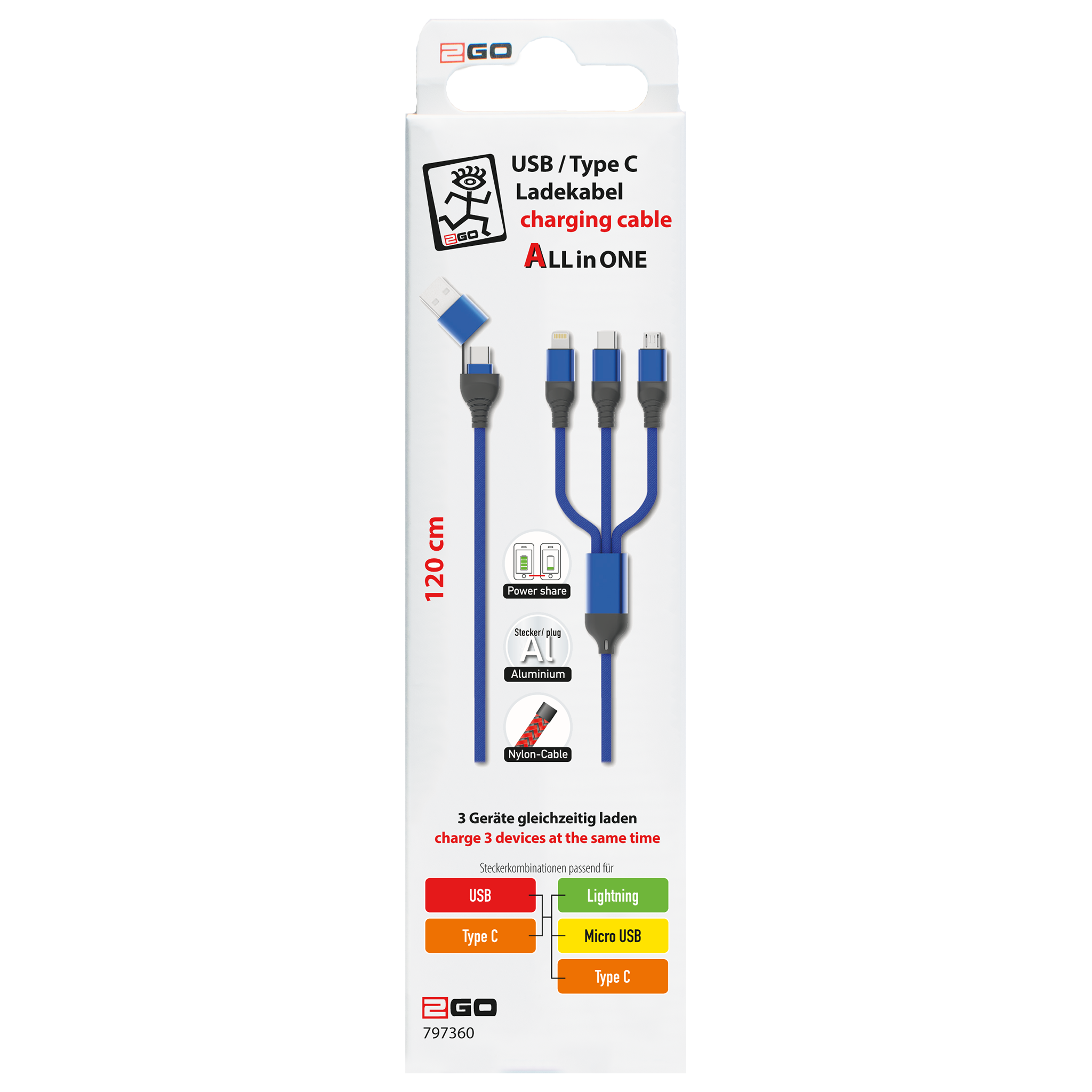 All in One USB Ladekabel - USB A oder USB Type-C auf Micro USB, USB Type-C und Lightning - 120 cm - blau - Verpackung