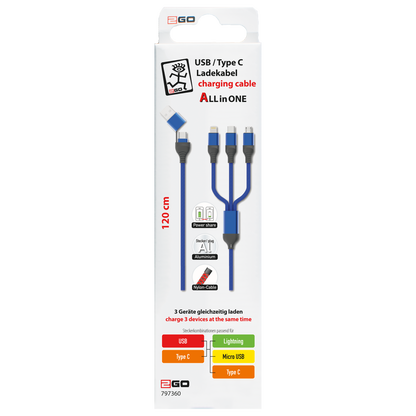 All in One USB Ladekabel - USB A oder USB Type-C auf Micro USB, USB Type-C und Lightning - 120 cm - blau - Verpackung