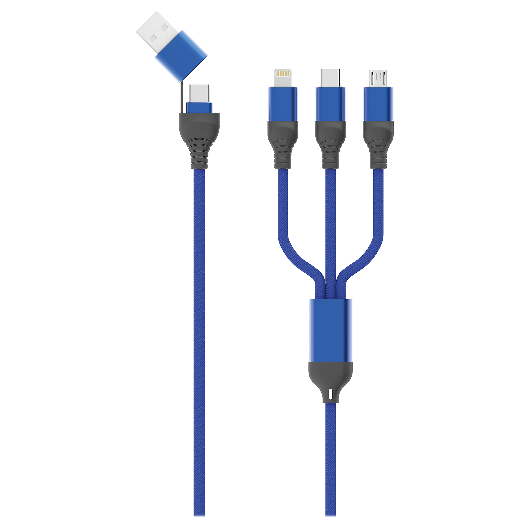 All in One USB Ladekabel - USB A oder USB Type-C auf Micro USB, USB Type-C und Lightning - 120 cm - blau