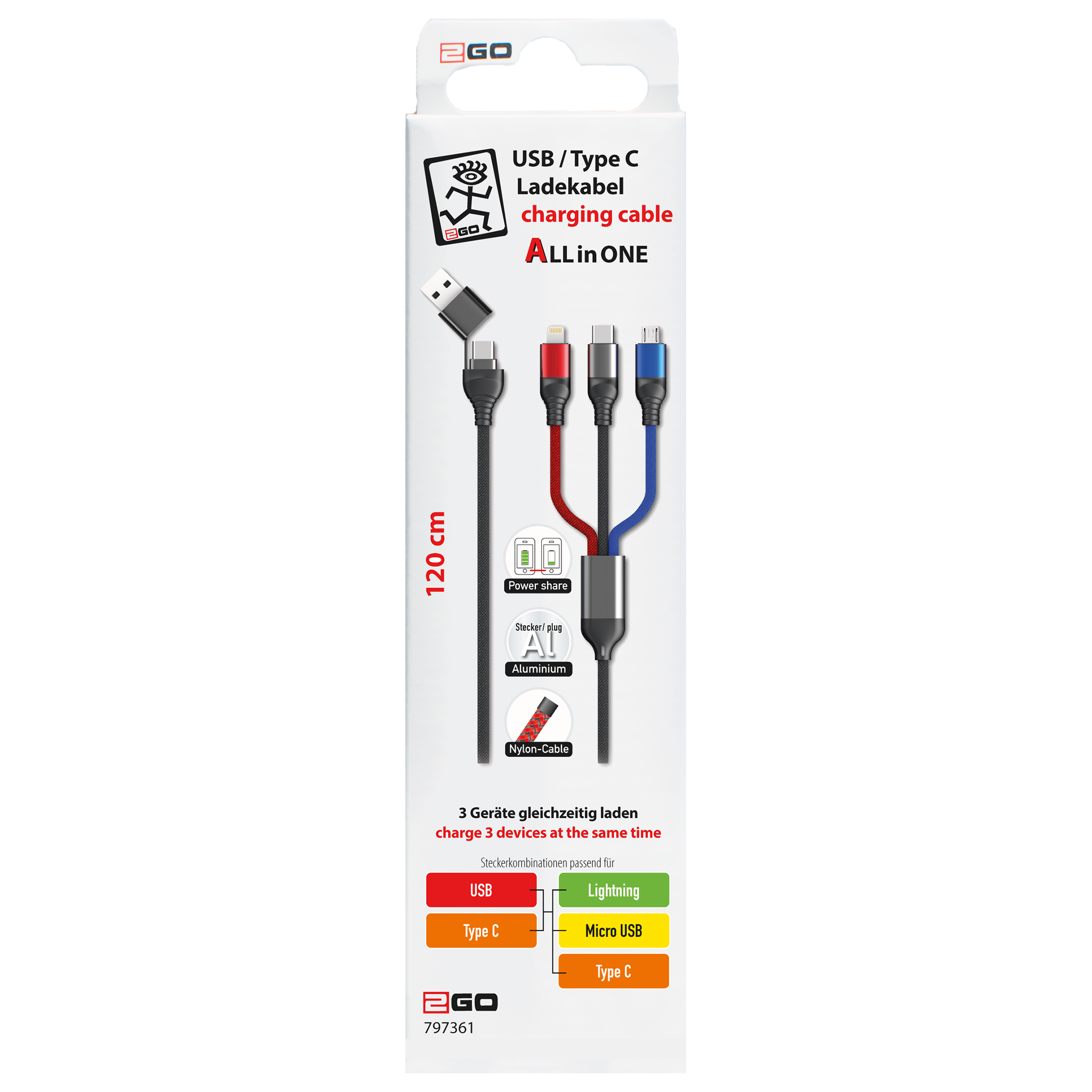 All in One USB Ladekabel - USB A oder USB Type-C auf Micro USB, USB Type-C und Lightning - 120 cm - multicolor - Verpackung