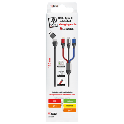 All in One USB Ladekabel - USB A oder USB Type-C auf Micro USB, USB Type-C und Lightning - 120 cm - multicolor - Verpackung