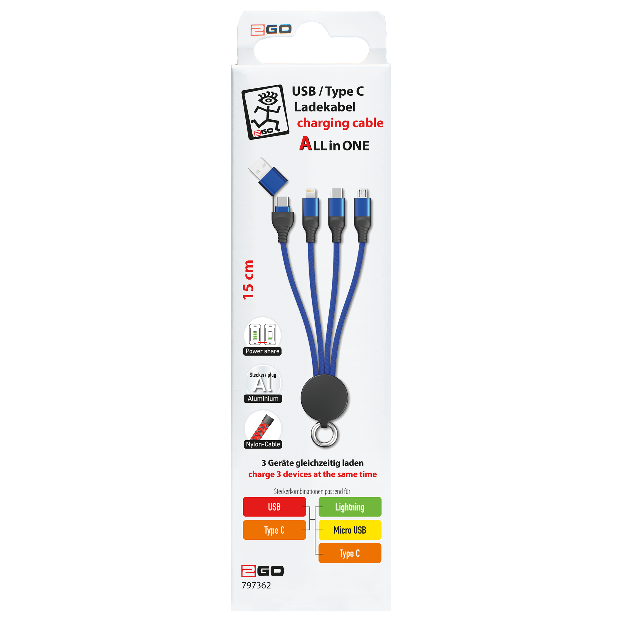 All in One USB Ladekabel - USB A oder USB Type-C auf Micro-USB, Lightning und USB Type-C - 15 cm - blau - Verpackung