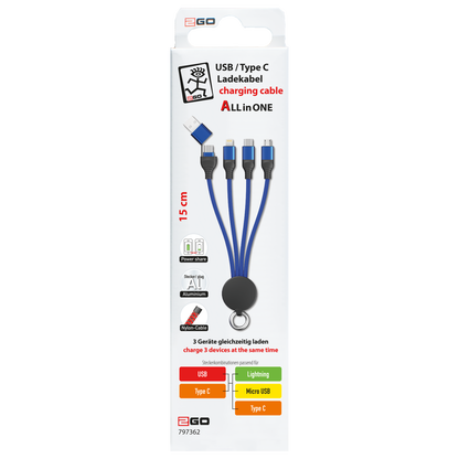 All in One USB Ladekabel - USB A oder USB Type-C auf Micro-USB, Lightning und USB Type-C - 15 cm - blau - Verpackung