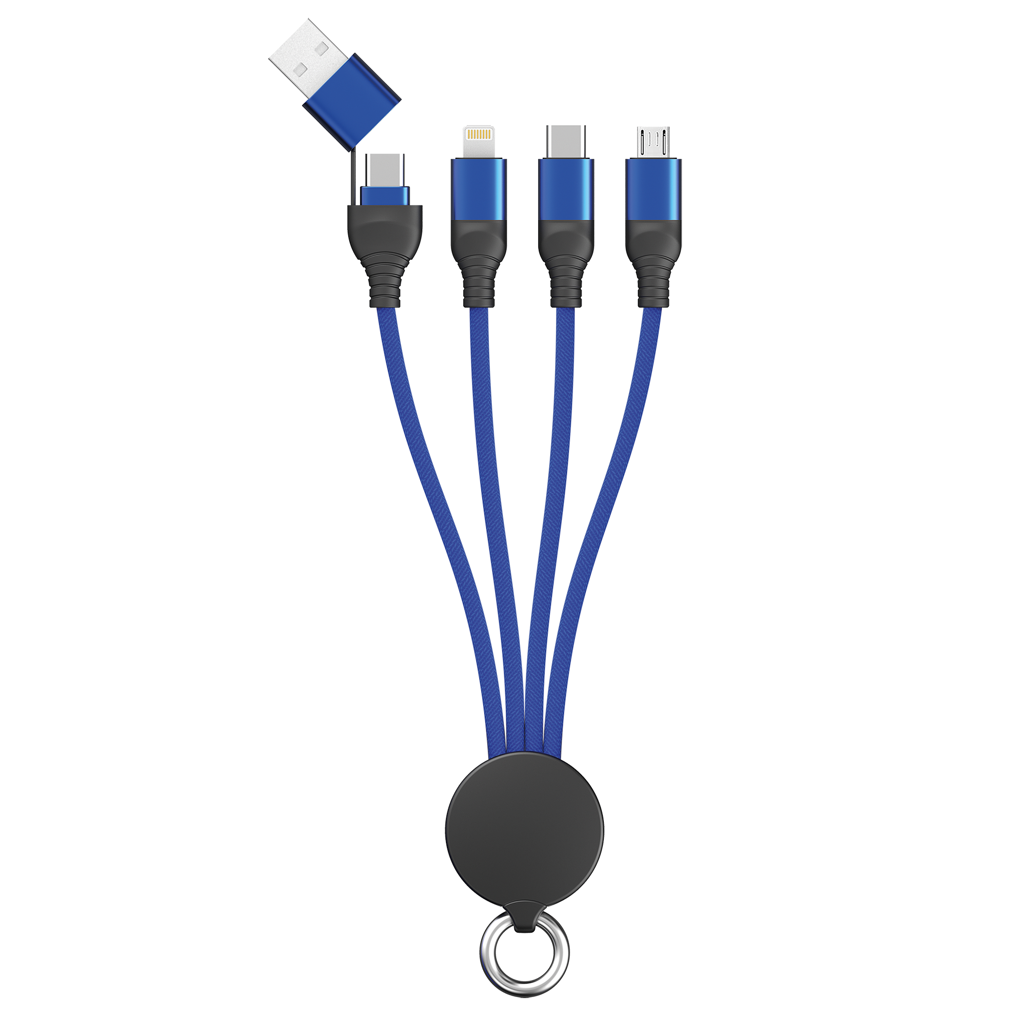 All in One USB Ladekabel - USB A oder USB Type-C auf Micro-USB, Lightning und USB Type-C - 15 cm - blau