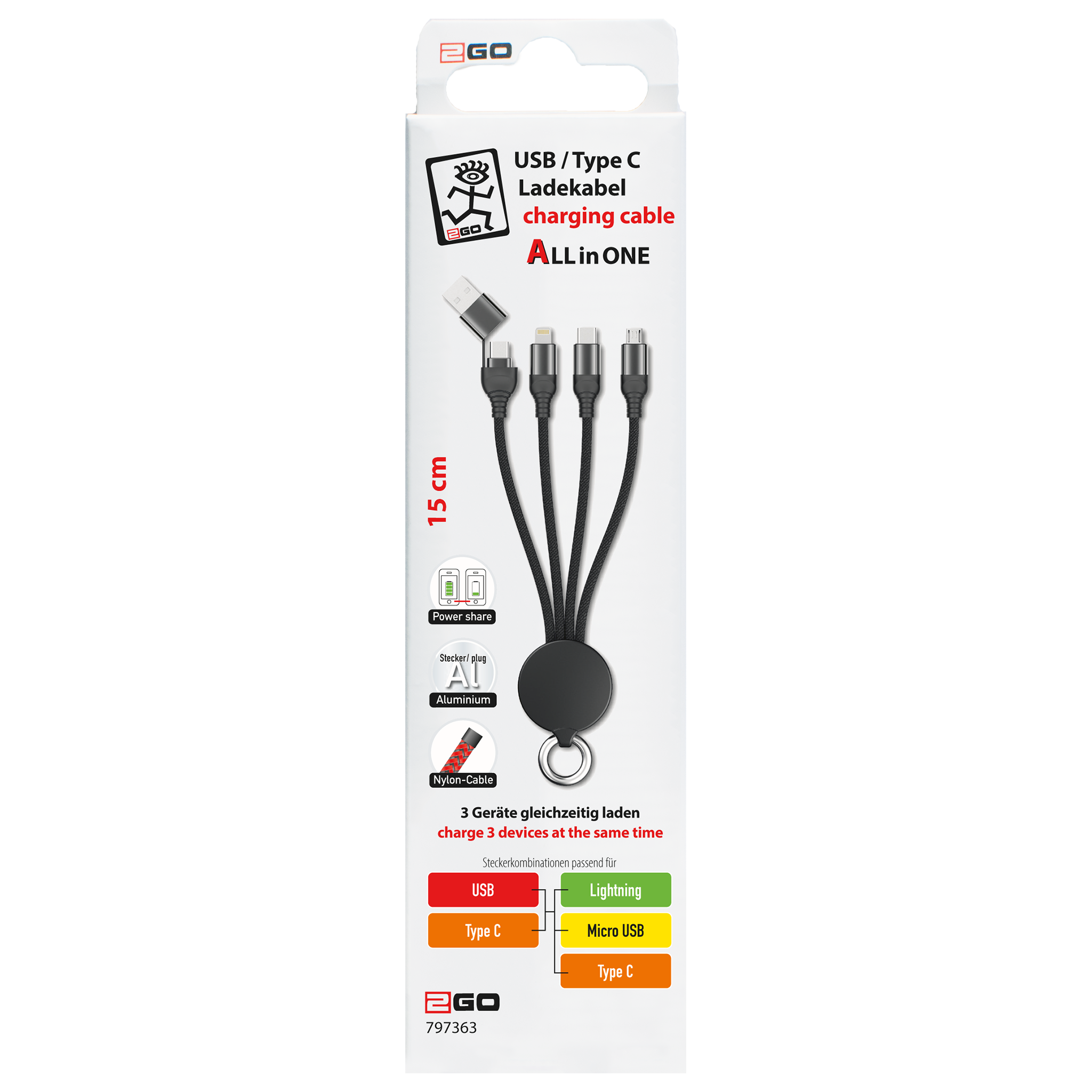All in One USB Ladekabel - USB A oder USB Type-C auf Micro-USB, Lightning und USB Type-C - 15 cm - schwarz - Verpackung