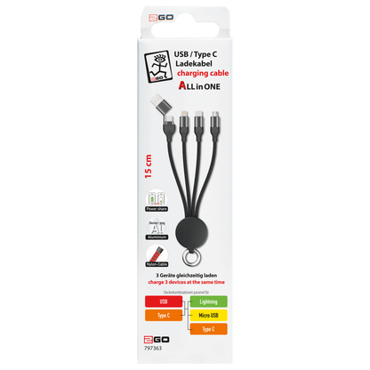 All in One USB Ladekabel - USB A oder USB Type-C auf Micro-USB, Lightning und USB Type-C - 15 cm - schwarz - Verpackung