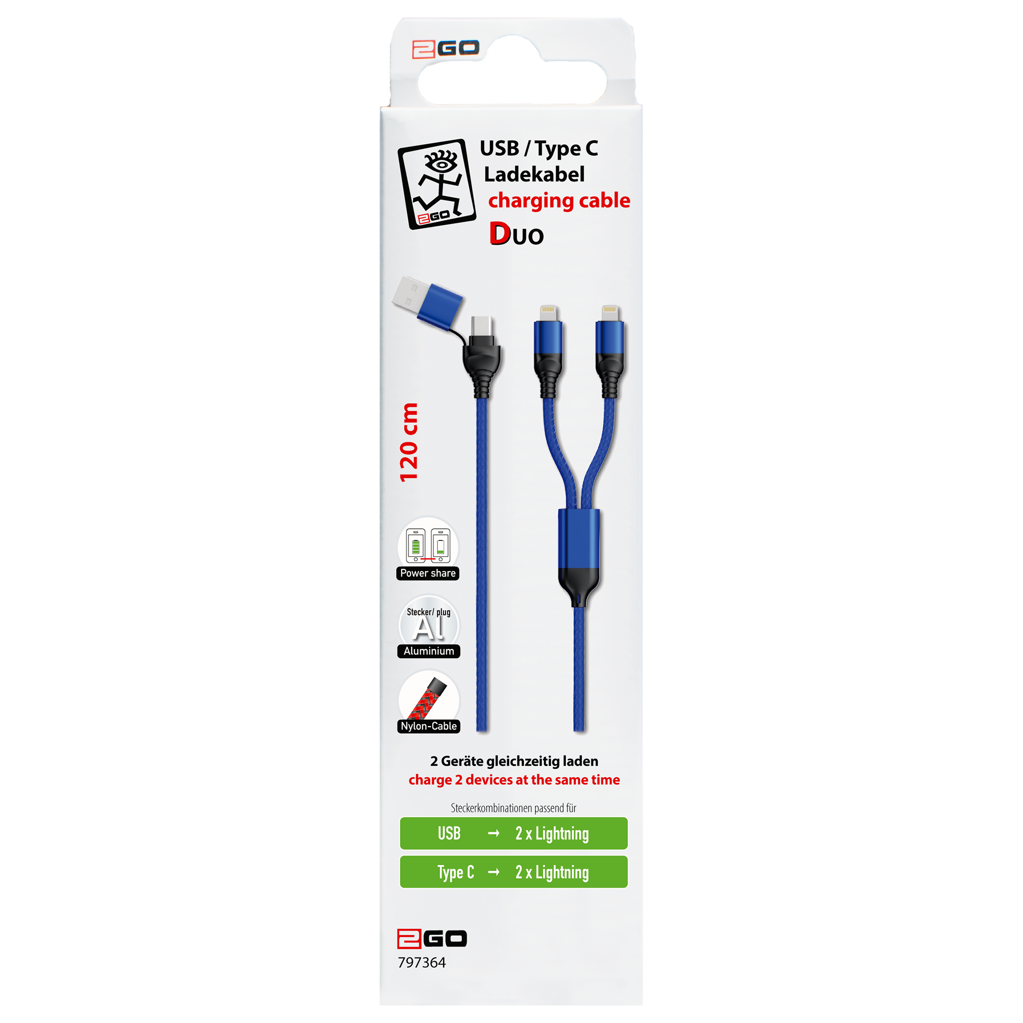 USB Ladekabel DUO - USB A oder USB Type-C auf 2 x Lightning - 120 cm - blau - Verpackung