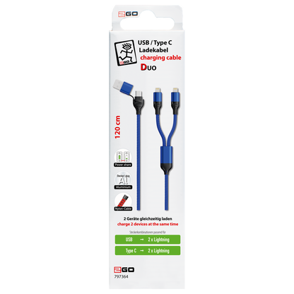 USB Ladekabel DUO - USB A oder USB Type-C auf 2 x Lightning - 120 cm - blau - Verpackung