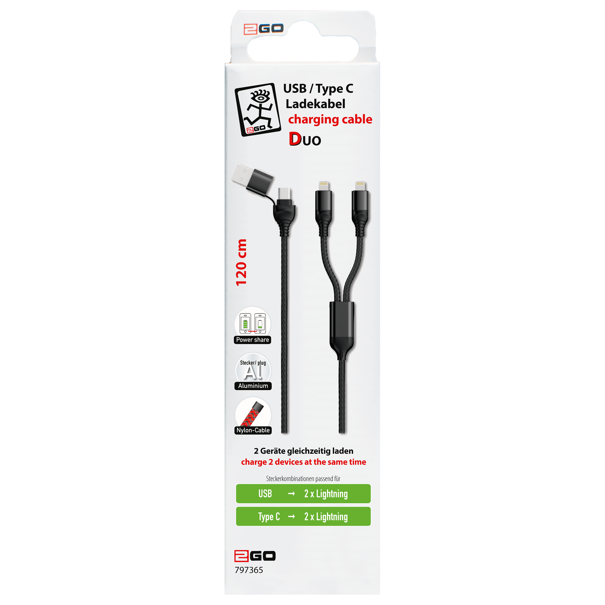 USB Ladekabel DUO - USB A oder USB Type-C auf 2 x Lightning - 120 cm - schwarz - Verpackung