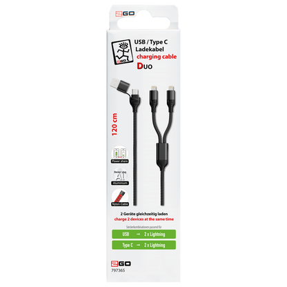 USB Ladekabel DUO - USB A oder USB Type-C auf 2 x Lightning - 120 cm - schwarz - Verpackung