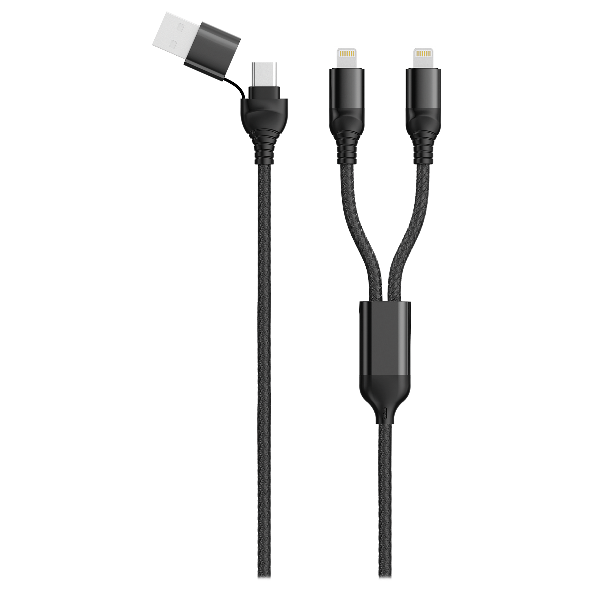 USB Ladekabel DUO - USB A oder USB Type-C auf 2 x Lightning - 120 cm - schwarz