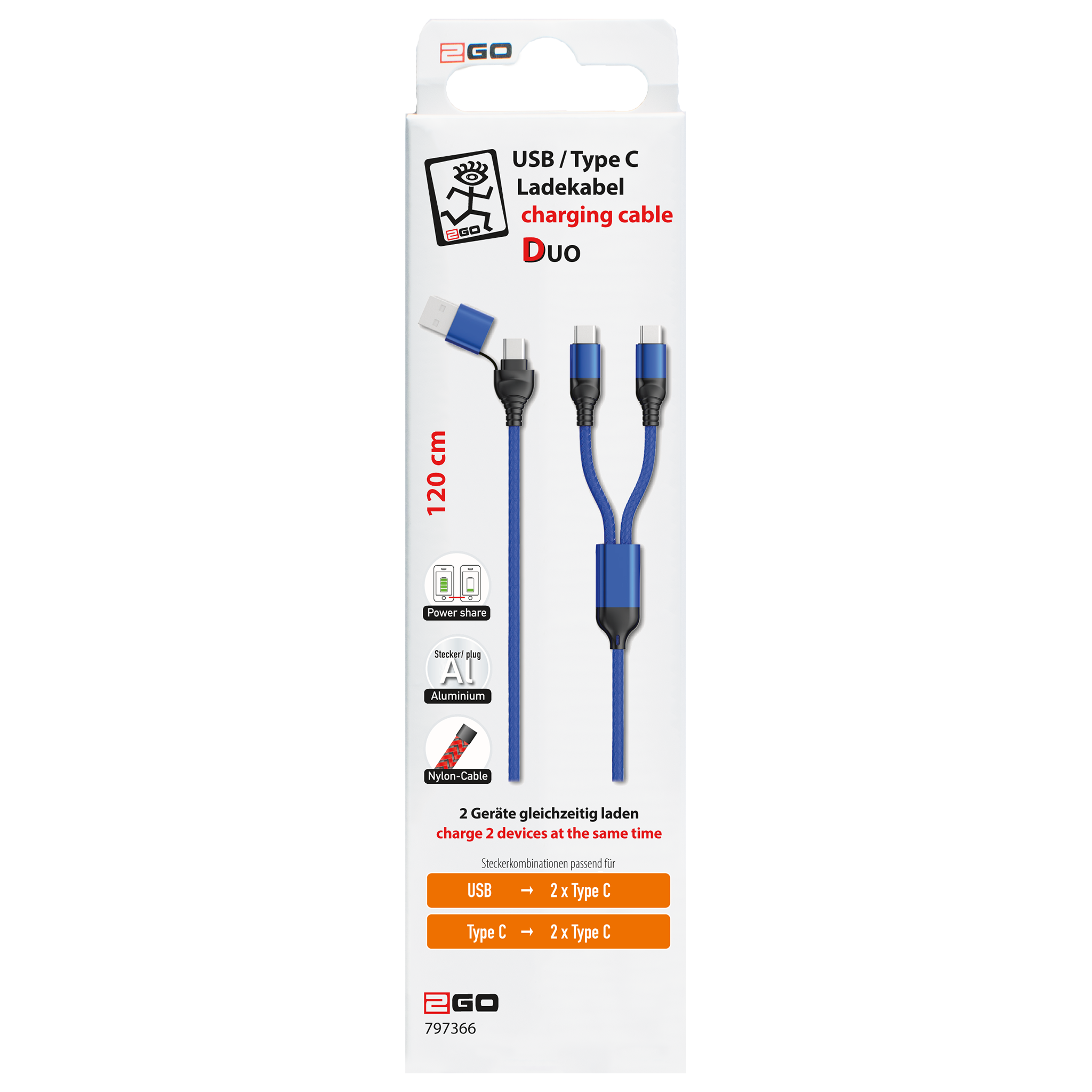 USB Ladekabel DUO - USB A oder USB Type-C auf 2 x USB Type-C - 120 cm - blau - Verpackung