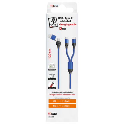 USB Ladekabel DUO - USB A oder USB Type-C auf 2 x USB Type-C - 120 cm - blau - Verpackung