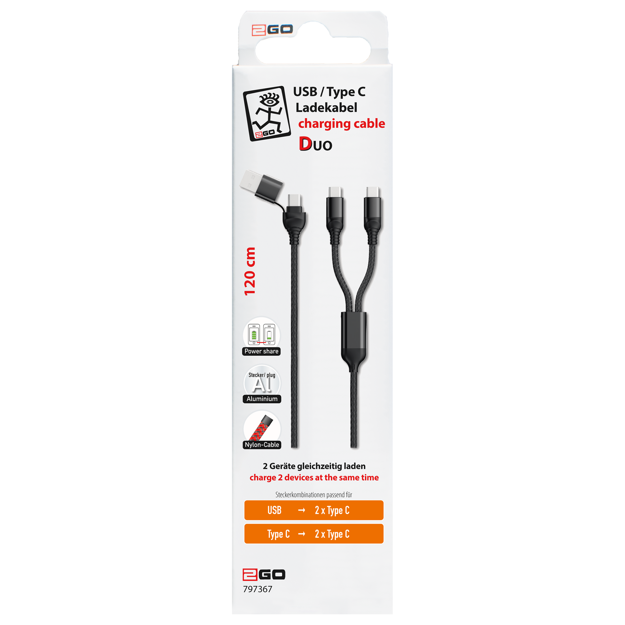 USB Ladekabel DUO - USB A oder USB Type-C auf 2 x USB Type-C - 120 cm - schwarz - Verpackung
