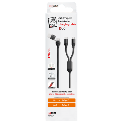 USB Ladekabel DUO - USB A oder USB Type-C auf 2 x USB Type-C - 120 cm - schwarz - Verpackung
