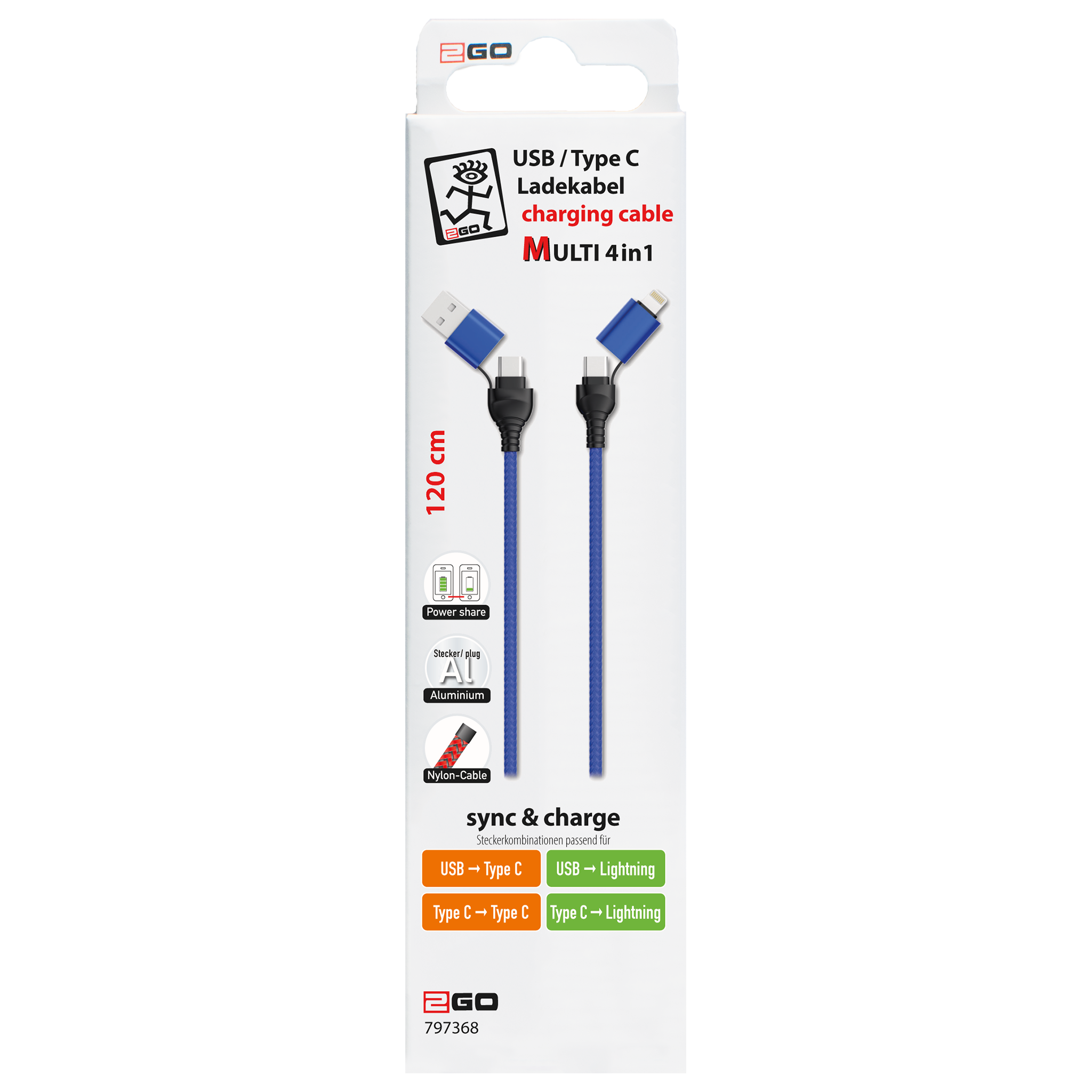 4 in 1 USB A / USB Type-C Ladekabel für Lightning & USB Type-C - blau - 120 cm - Verpackung