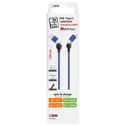 4 in 1 USB A / USB Type-C Ladekabel für Lightning & USB Type-C - blau - 120 cm - Verpackung
