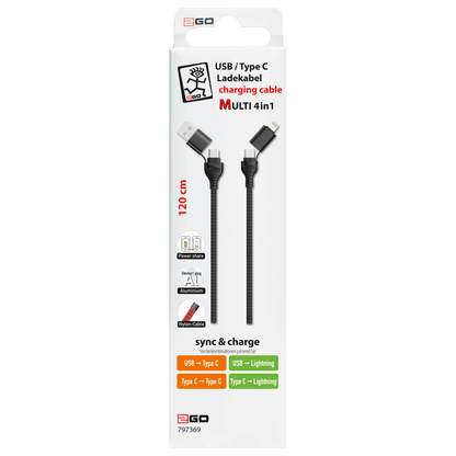 4 in 1 USB A / USB Type-C Ladekabel für Lightning & USB Type-C - schwarz - 120 cm - Verpackung