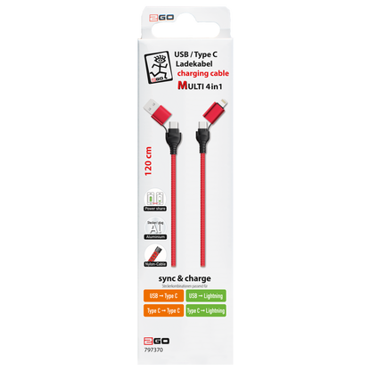 4 in 1 USB A / USB Type-C Ladekabel für Lightning & USB Type-C - rot - 120 cm - Verpackung