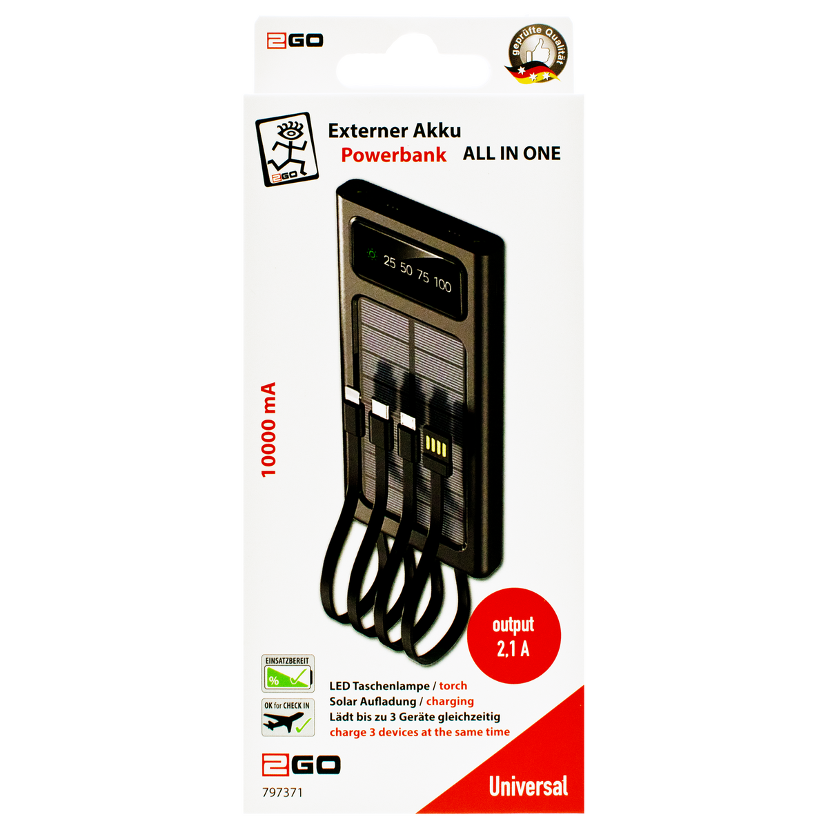 Powerbank mit Solar-Notfall-Ladung - 10000 mAh - 2x USB - integrierte Kabel - Display - LED - grau