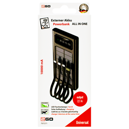 Powerbank mit Solar-Notfall-Ladung - 10000 mAh - 2x USB - integrierte Kabel - Display - LED - grau