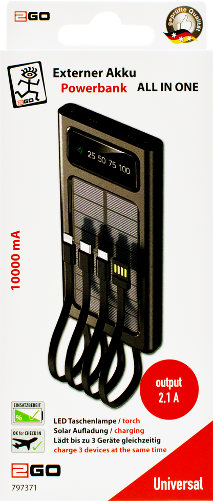 Powerbank 10000 mAh - integrierte Kabel - Solarpanel - Display - Flashlight - 2 x USB A - Verpackung