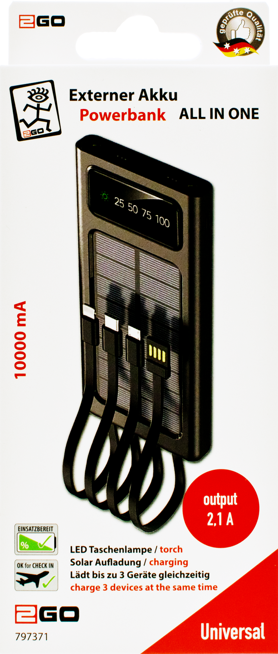 Powerbank 10000 mAh - integrierte Kabel - Solarpanel - Display - Flashlight - 2 x USB A - Verpackung