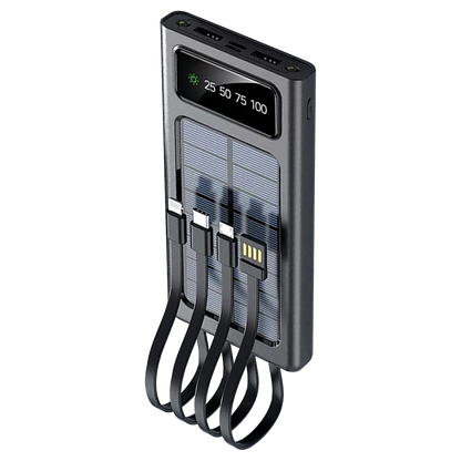Powerbank 10000 mAh - integrierte Kabel - Solarpanel - Display - Flashlight - 2 x USB A