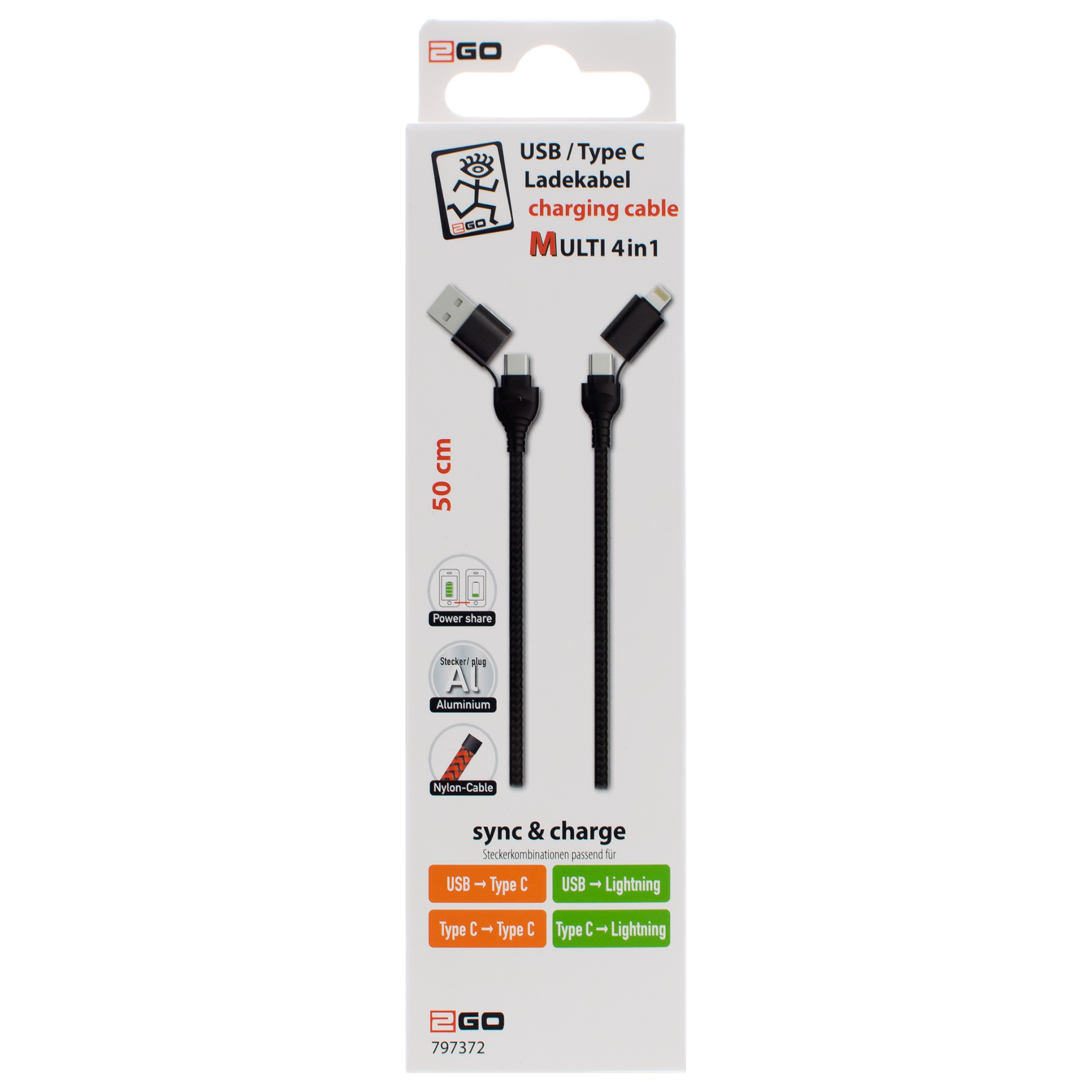 4 in 1 USB A / USB Type-C Ladekabel für Lightning & USB Type-C - schwarz - 50 cm - Verpackung