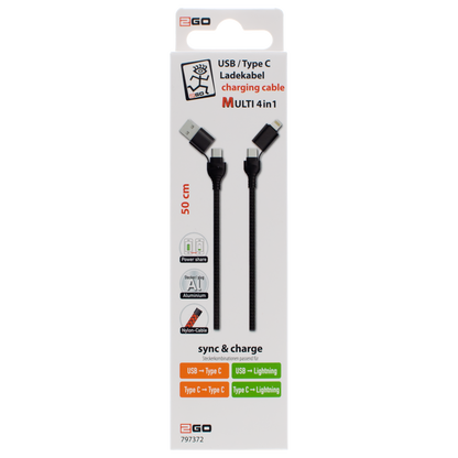4 in 1 USB A / USB Type-C Ladekabel für Lightning & USB Type-C - schwarz - 50 cm - Verpackung