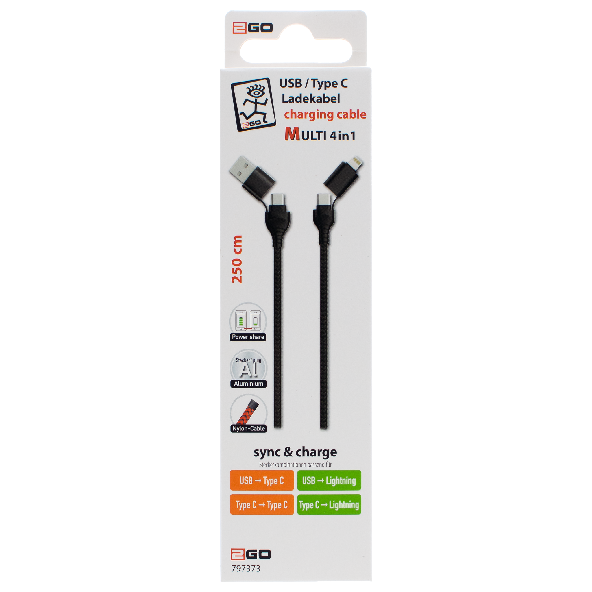 4 in 1 USB A / USB Type-C Ladekabel für Lightning & USB Type-C - schwarz - 250 cm - Verpackung