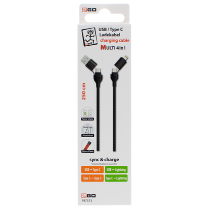 4 in 1 USB A / USB Type-C Ladekabel für Lightning & USB Type-C - schwarz - 250 cm - Verpackung
