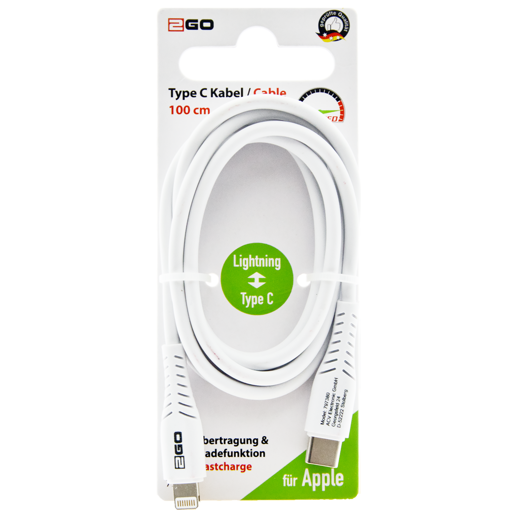 USB Datenkabel - USB Type-C auf Lightning - 100 cm - weiß - Verpackung