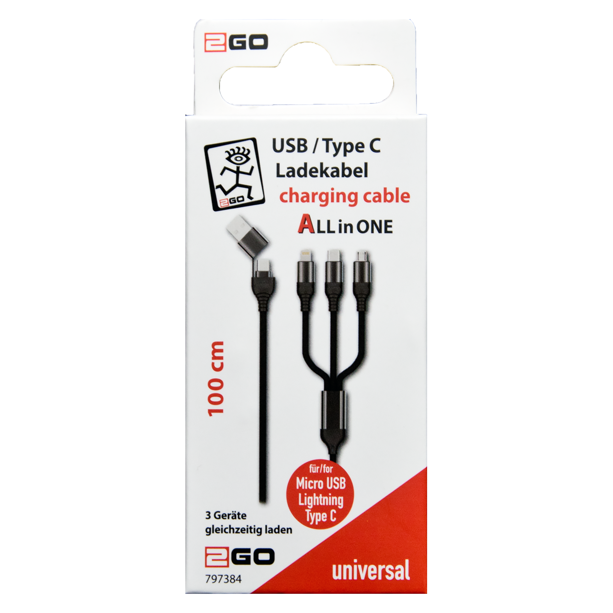 All in One Ladekabel - USB A / USB Type-C auf Micro-USB, Lightning & USB Type-C - schwarz - 100 cm - Verpackung