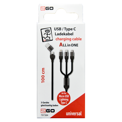 All in One Ladekabel - USB A / USB Type-C auf Micro-USB, Lightning & USB Type-C - schwarz - 100 cm - Verpackung